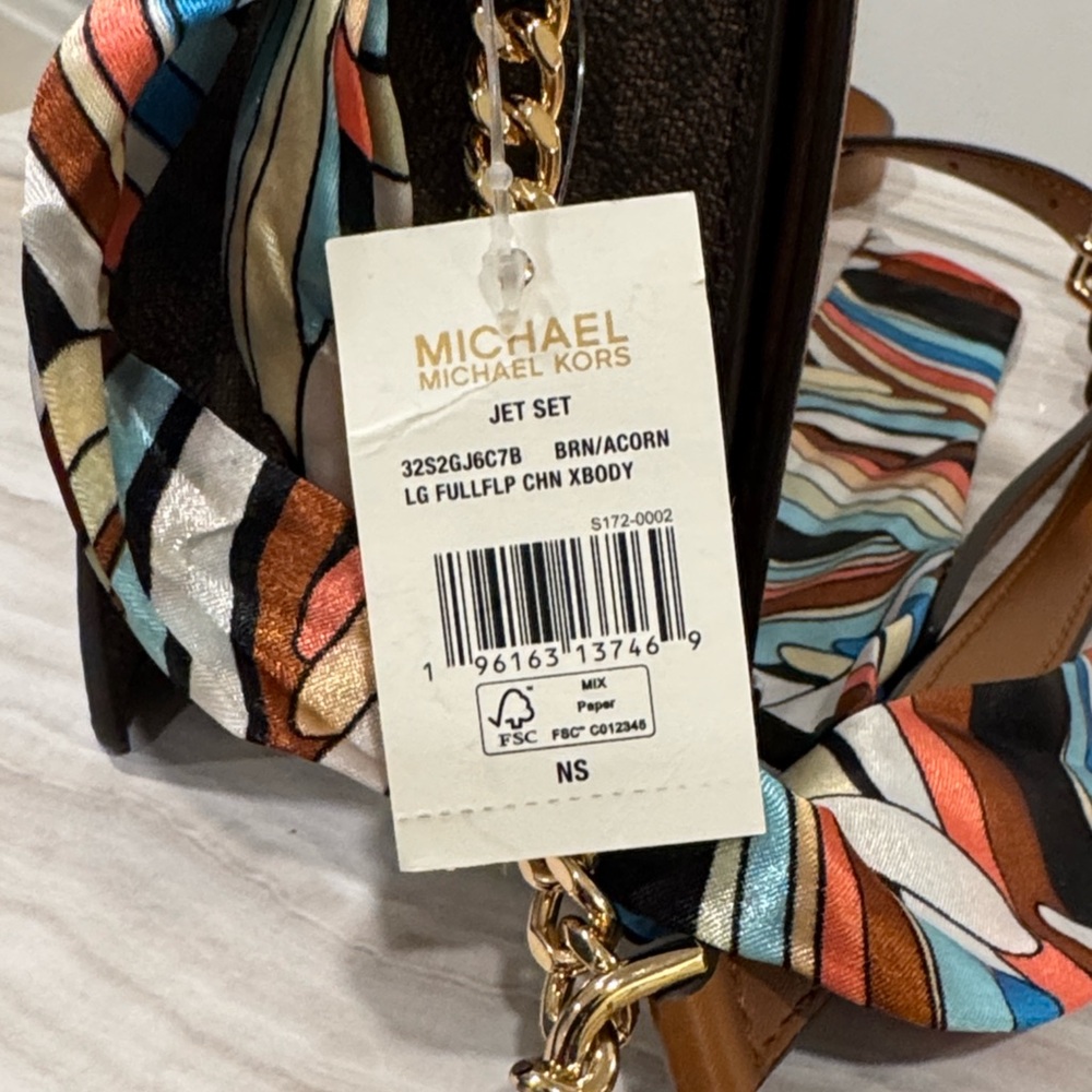 Michael Kors Bag Jet Set Logo Brown and Tan Chain Crossbody NWT - Picture 9 of 17